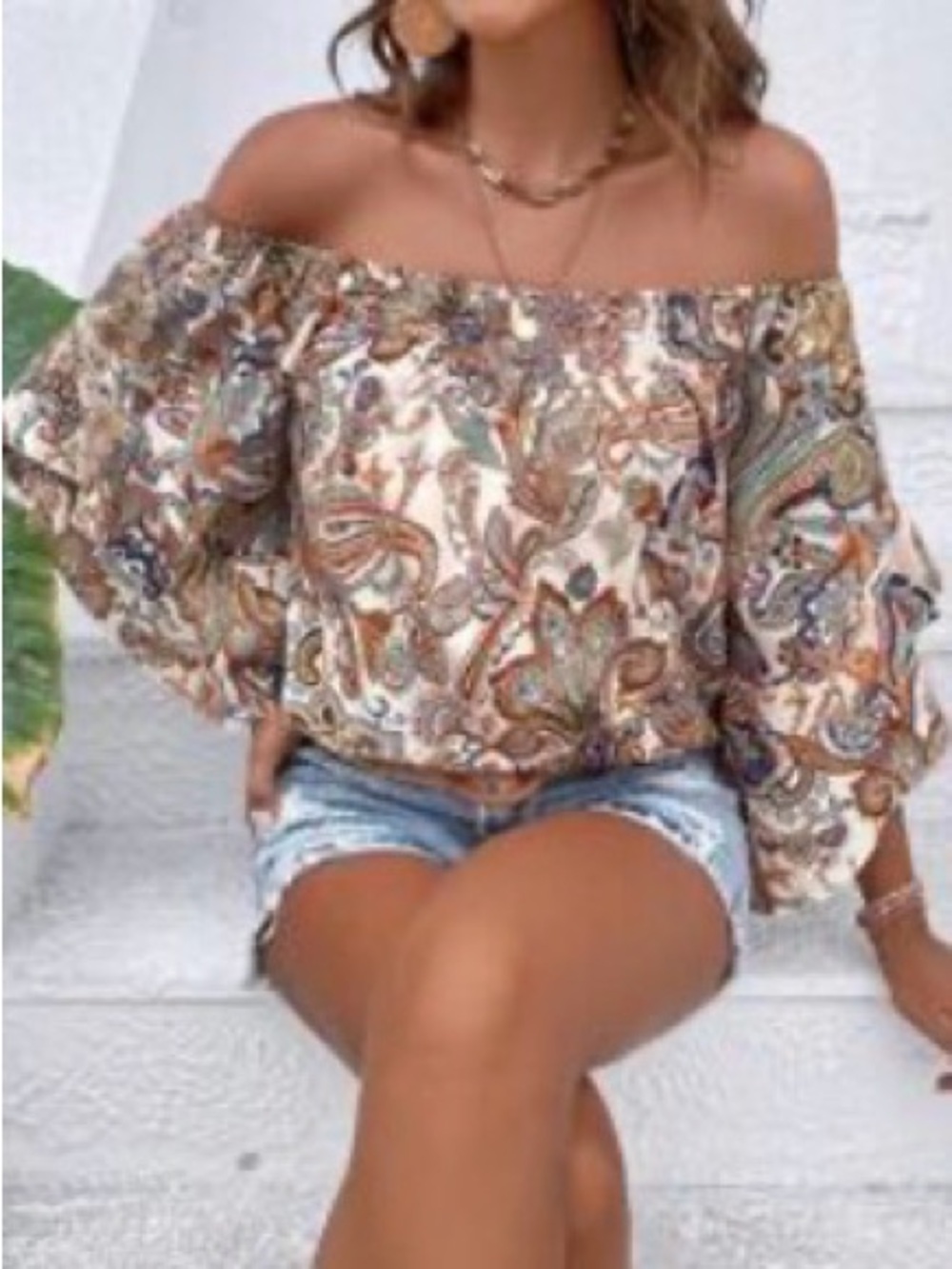 SHEIN Cream Paisley Boho Off-Shoulder Peasant Blouse with Brown & Blue Accents